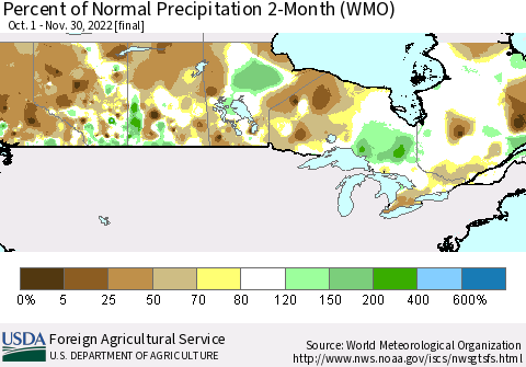 Canada Percent of Normal Precipitation 2-Month (WMO) Thematic Map For 10/1/2022 - 11/30/2022