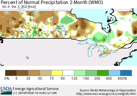 Canada Percent of Normal Precipitation 2-Month (WMO) Thematic Map For 10/6/2022 - 12/5/2022