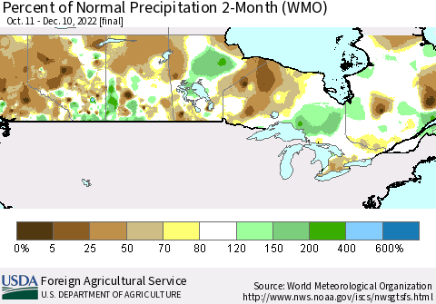 Canada Percent of Normal Precipitation 2-Month (WMO) Thematic Map For 10/11/2022 - 12/10/2022