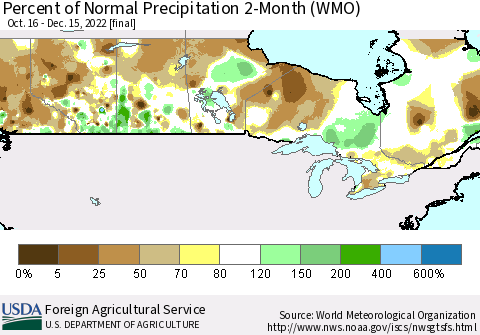 Canada Percent of Normal Precipitation 2-Month (WMO) Thematic Map For 10/16/2022 - 12/15/2022