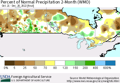 Canada Percent of Normal Precipitation 2-Month (WMO) Thematic Map For 10/21/2022 - 12/20/2022