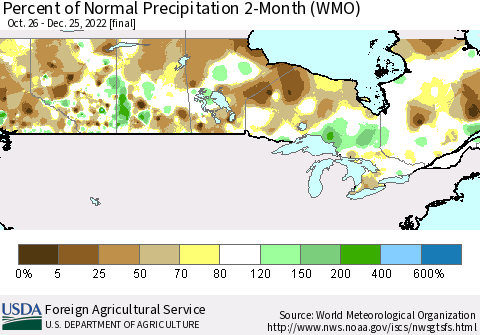 Canada Percent of Normal Precipitation 2-Month (WMO) Thematic Map For 10/26/2022 - 12/25/2022