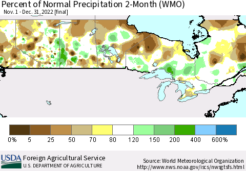Canada Percent of Normal Precipitation 2-Month (WMO) Thematic Map For 11/1/2022 - 12/31/2022