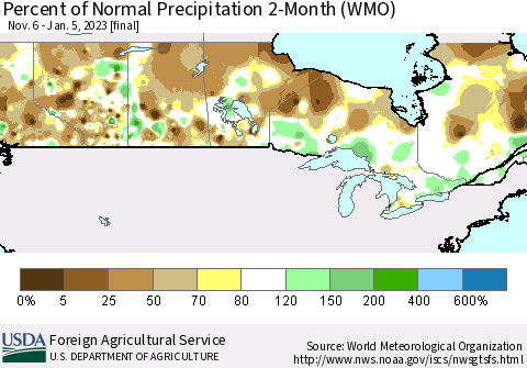 Canada Percent of Normal Precipitation 2-Month (WMO) Thematic Map For 11/6/2022 - 1/5/2023