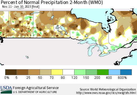 Canada Percent of Normal Precipitation 2-Month (WMO) Thematic Map For 11/11/2022 - 1/10/2023