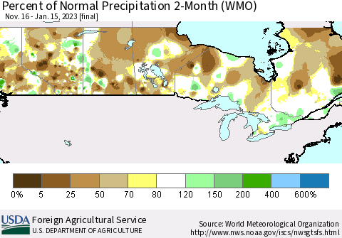 Canada Percent of Normal Precipitation 2-Month (WMO) Thematic Map For 11/16/2022 - 1/15/2023