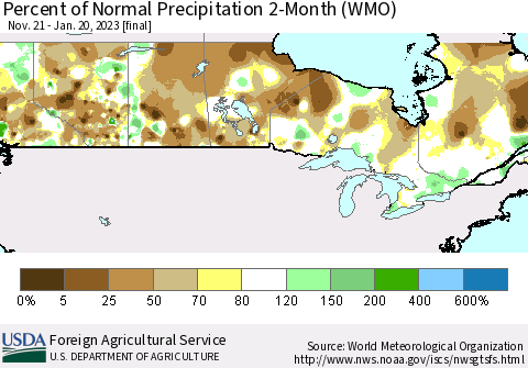 Canada Percent of Normal Precipitation 2-Month (WMO) Thematic Map For 11/21/2022 - 1/20/2023