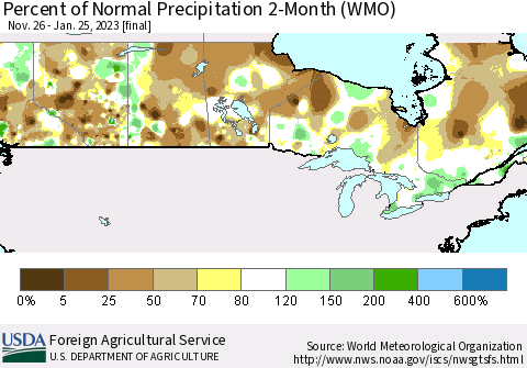 Canada Percent of Normal Precipitation 2-Month (WMO) Thematic Map For 11/26/2022 - 1/25/2023