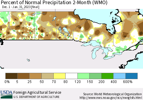 Canada Percent of Normal Precipitation 2-Month (WMO) Thematic Map For 12/1/2022 - 1/31/2023