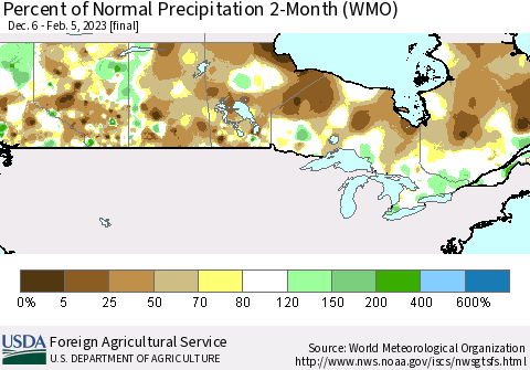 Canada Percent of Normal Precipitation 2-Month (WMO) Thematic Map For 12/6/2022 - 2/5/2023