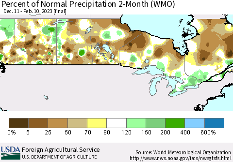 Canada Percent of Normal Precipitation 2-Month (WMO) Thematic Map For 12/11/2022 - 2/10/2023