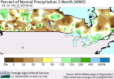 Canada Percent of Normal Precipitation 2-Month (WMO) Thematic Map For 12/16/2022 - 2/15/2023