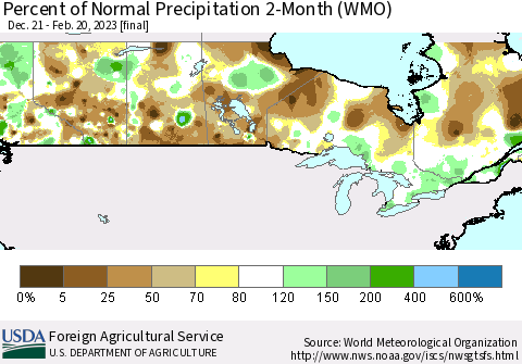 Canada Percent of Normal Precipitation 2-Month (WMO) Thematic Map For 12/21/2022 - 2/20/2023