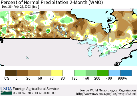 Canada Percent of Normal Precipitation 2-Month (WMO) Thematic Map For 12/26/2022 - 2/25/2023
