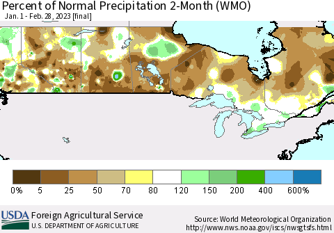 Canada Percent of Normal Precipitation 2-Month (WMO) Thematic Map For 1/1/2023 - 2/28/2023