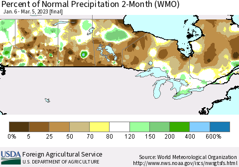 Canada Percent of Normal Precipitation 2-Month (WMO) Thematic Map For 1/6/2023 - 3/5/2023