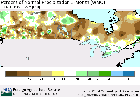 Canada Percent of Normal Precipitation 2-Month (WMO) Thematic Map For 1/11/2023 - 3/10/2023