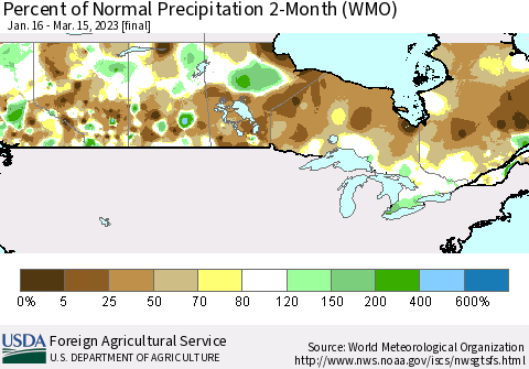 Canada Percent of Normal Precipitation 2-Month (WMO) Thematic Map For 1/16/2023 - 3/15/2023
