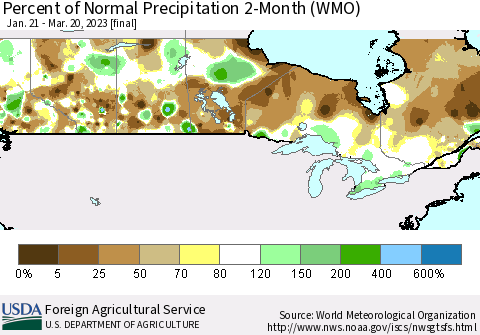 Canada Percent of Normal Precipitation 2-Month (WMO) Thematic Map For 1/21/2023 - 3/20/2023