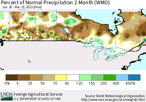 Canada Percent of Normal Precipitation 2-Month (WMO) Thematic Map For 1/26/2023 - 3/25/2023