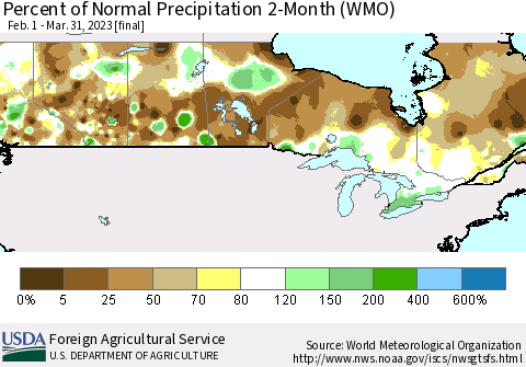 Canada Percent of Normal Precipitation 2-Month (WMO) Thematic Map For 2/1/2023 - 3/31/2023