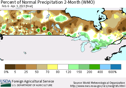 Canada Percent of Normal Precipitation 2-Month (WMO) Thematic Map For 2/6/2023 - 4/5/2023