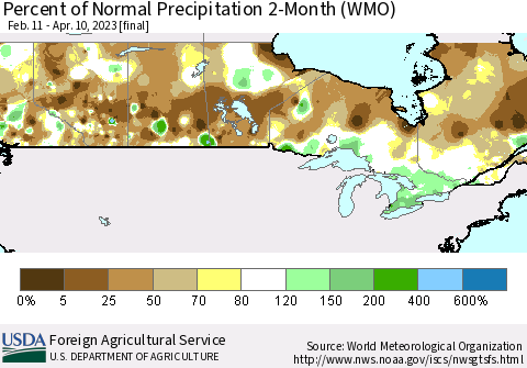 Canada Percent of Normal Precipitation 2-Month (WMO) Thematic Map For 2/11/2023 - 4/10/2023
