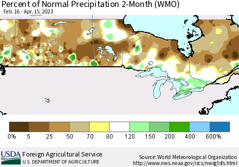 Canada Percent of Normal Precipitation 2-Month (WMO) Thematic Map For 2/16/2023 - 4/15/2023
