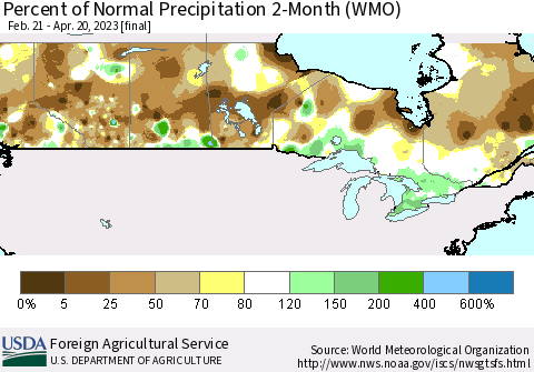 Canada Percent of Normal Precipitation 2-Month (WMO) Thematic Map For 2/21/2023 - 4/20/2023