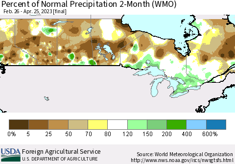 Canada Percent of Normal Precipitation 2-Month (WMO) Thematic Map For 2/26/2023 - 4/25/2023