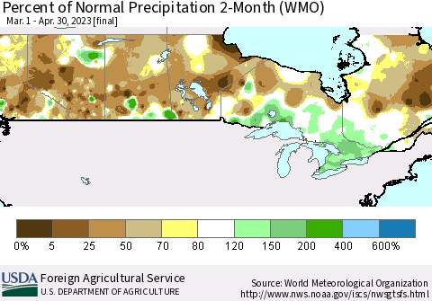 Canada Percent of Normal Precipitation 2-Month (WMO) Thematic Map For 3/1/2023 - 4/30/2023