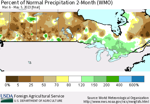 Canada Percent of Normal Precipitation 2-Month (WMO) Thematic Map For 3/6/2023 - 5/5/2023