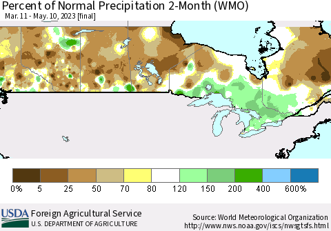 Canada Percent of Normal Precipitation 2-Month (WMO) Thematic Map For 3/11/2023 - 5/10/2023