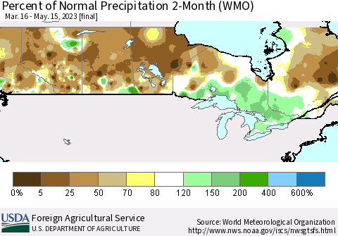 Canada Percent of Normal Precipitation 2-Month (WMO) Thematic Map For 3/16/2023 - 5/15/2023