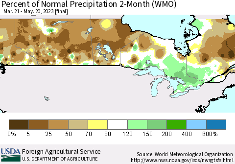 Canada Percent of Normal Precipitation 2-Month (WMO) Thematic Map For 3/21/2023 - 5/20/2023