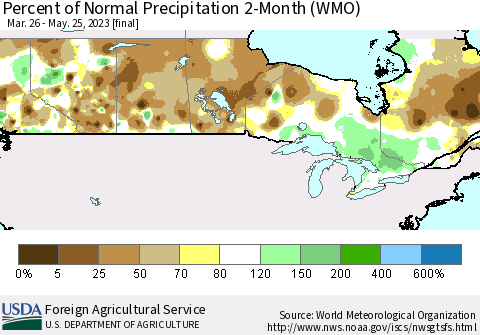 Canada Percent of Normal Precipitation 2-Month (WMO) Thematic Map For 3/26/2023 - 5/25/2023