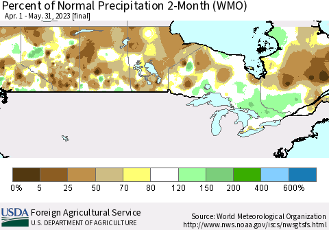 Canada Percent of Normal Precipitation 2-Month (WMO) Thematic Map For 4/1/2023 - 5/31/2023
