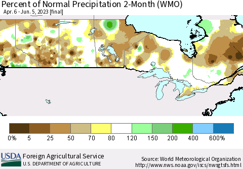 Canada Percent of Normal Precipitation 2-Month (WMO) Thematic Map For 4/6/2023 - 6/5/2023