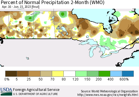 Canada Percent of Normal Precipitation 2-Month (WMO) Thematic Map For 4/16/2023 - 6/15/2023