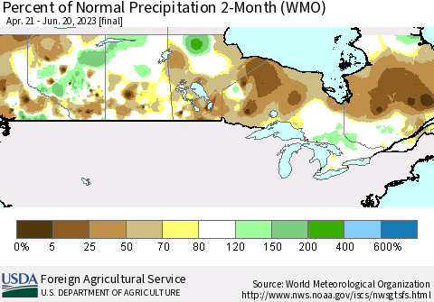 Canada Percent of Normal Precipitation 2-Month (WMO) Thematic Map For 4/21/2023 - 6/20/2023