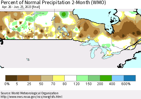 Canada Percent of Normal Precipitation 2-Month (WMO) Thematic Map For 4/26/2023 - 6/25/2023