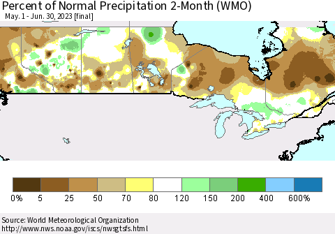 Canada Percent of Normal Precipitation 2-Month (WMO) Thematic Map For 5/1/2023 - 6/30/2023