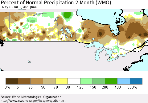 Canada Percent of Normal Precipitation 2-Month (WMO) Thematic Map For 5/6/2023 - 7/5/2023