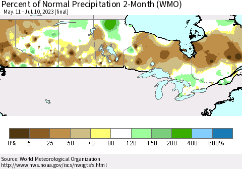 Canada Percent of Normal Precipitation 2-Month (WMO) Thematic Map For 5/11/2023 - 7/10/2023