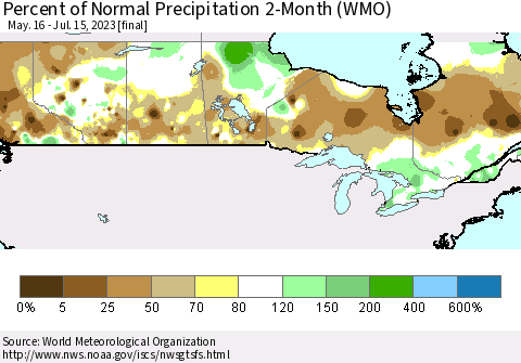Canada Percent of Normal Precipitation 2-Month (WMO) Thematic Map For 5/16/2023 - 7/15/2023