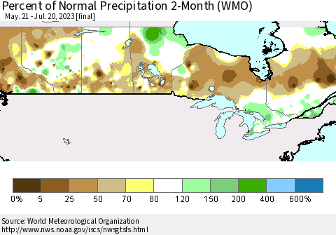 Canada Percent of Normal Precipitation 2-Month (WMO) Thematic Map For 5/21/2023 - 7/20/2023