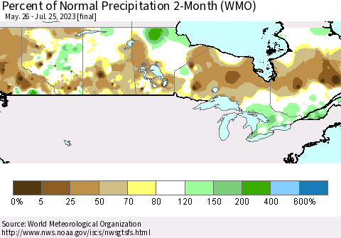 Canada Percent of Normal Precipitation 2-Month (WMO) Thematic Map For 5/26/2023 - 7/25/2023