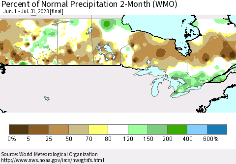 Canada Percent of Normal Precipitation 2-Month (WMO) Thematic Map For 6/1/2023 - 7/31/2023