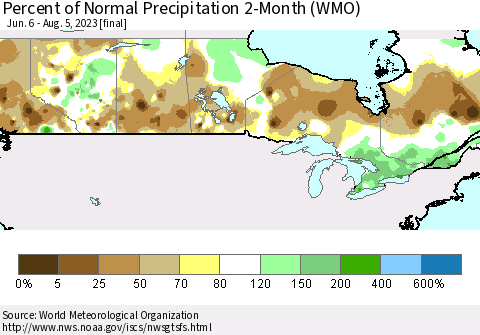 Canada Percent of Normal Precipitation 2-Month (WMO) Thematic Map For 6/6/2023 - 8/5/2023