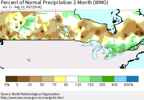 Canada Percent of Normal Precipitation 2-Month (WMO) Thematic Map For 6/11/2023 - 8/10/2023